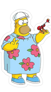 Homero Gordo con vestido flores y pajaro